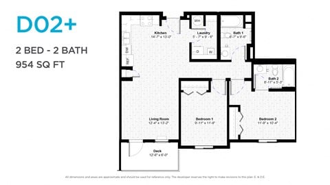 Floor plan for 2 beds, 2 baths, 939 sqft